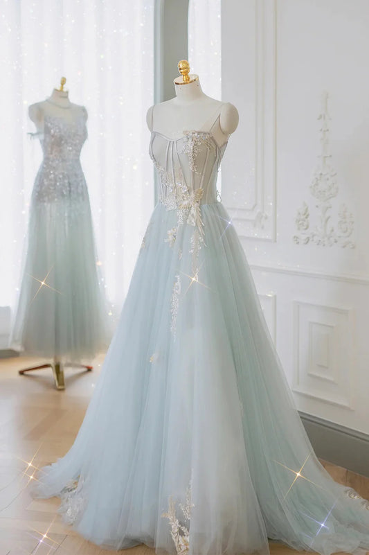 Blue Tulle Lace Long Prom Dress, A-Line Strapless Evening Dress TP562