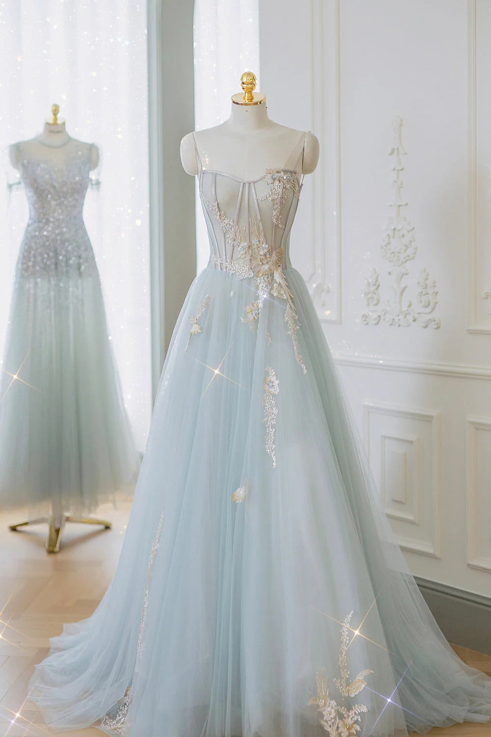 Blue Tulle Lace Long Prom Dress, A-Line Strapless Evening Dress TP562