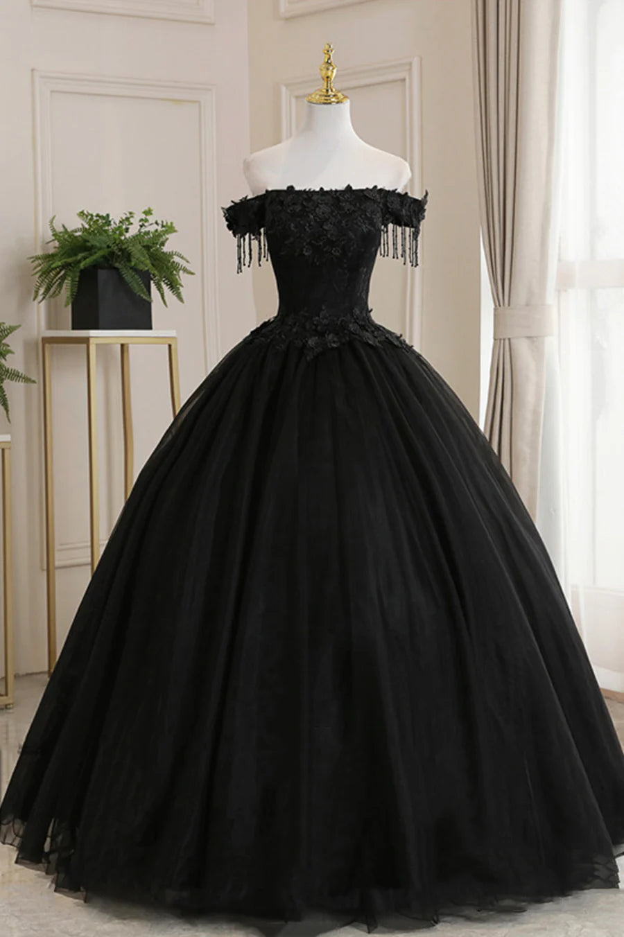 Black Tulle Lace Off the Shoulder Prom Dress, Black A-Line Evening Dress TP568