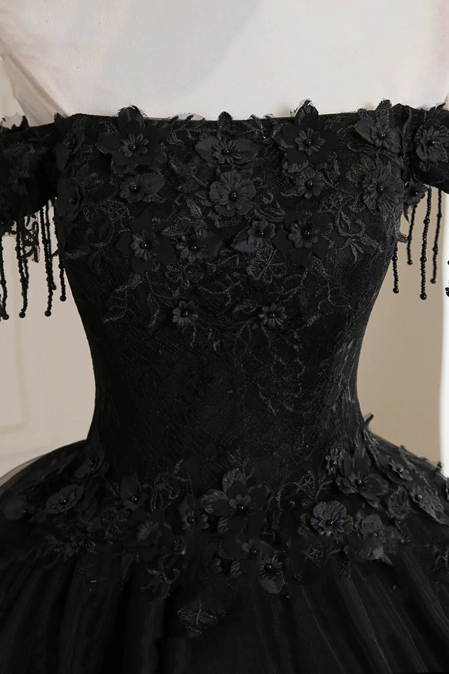 Black Tulle Lace Off the Shoulder Prom Dress, Black A-Line Evening Dress TP568