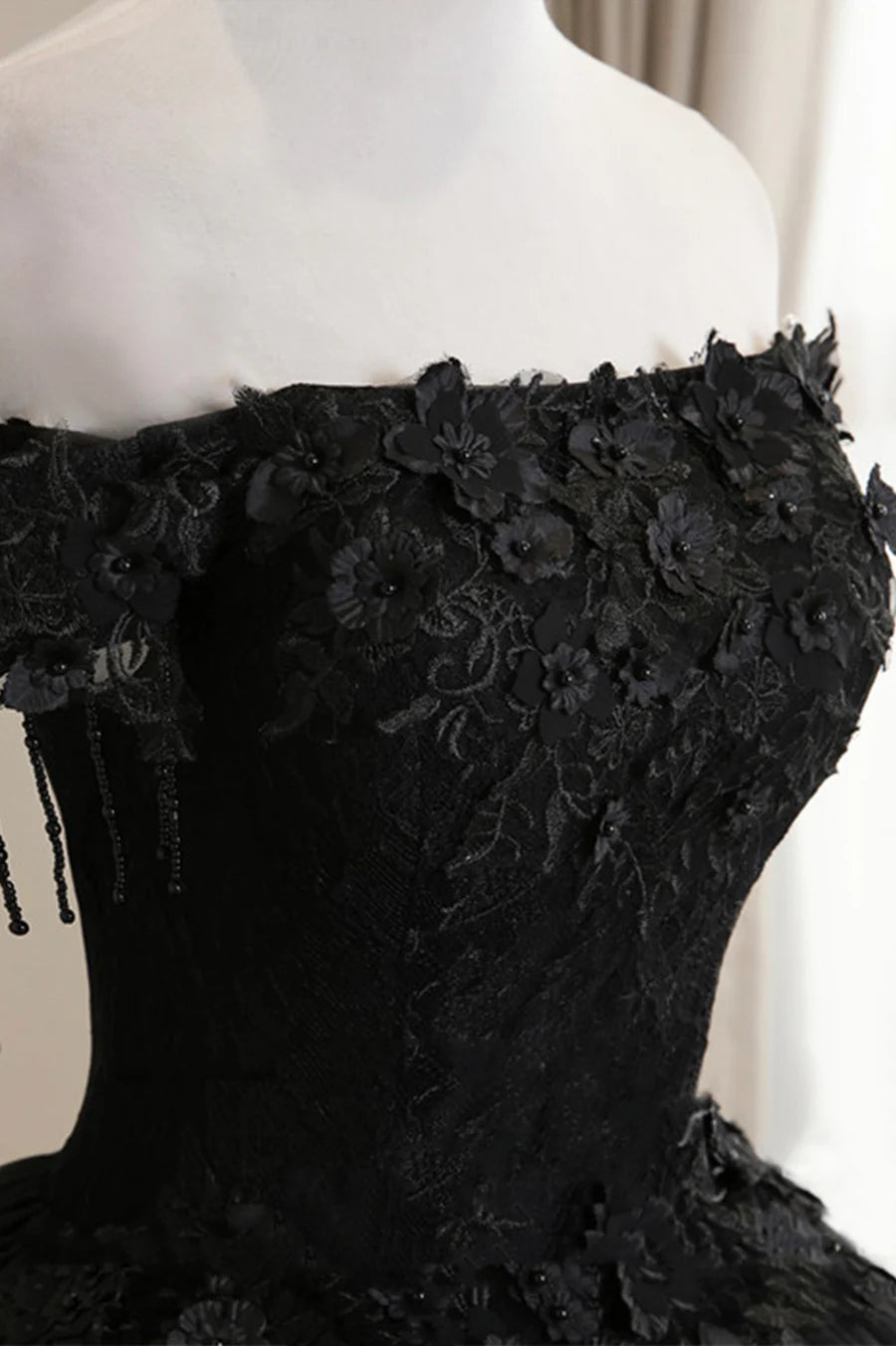 Black Tulle Lace Off the Shoulder Prom Dress, Black A-Line Evening Dress TP568