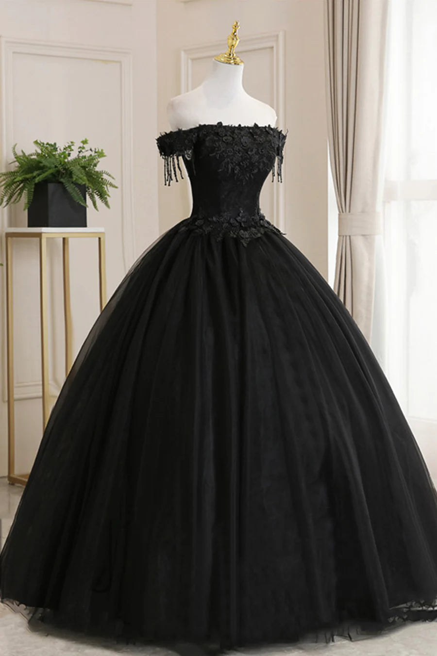Black Tulle Lace Off the Shoulder Prom Dress, Black A-Line Evening Dress TP568