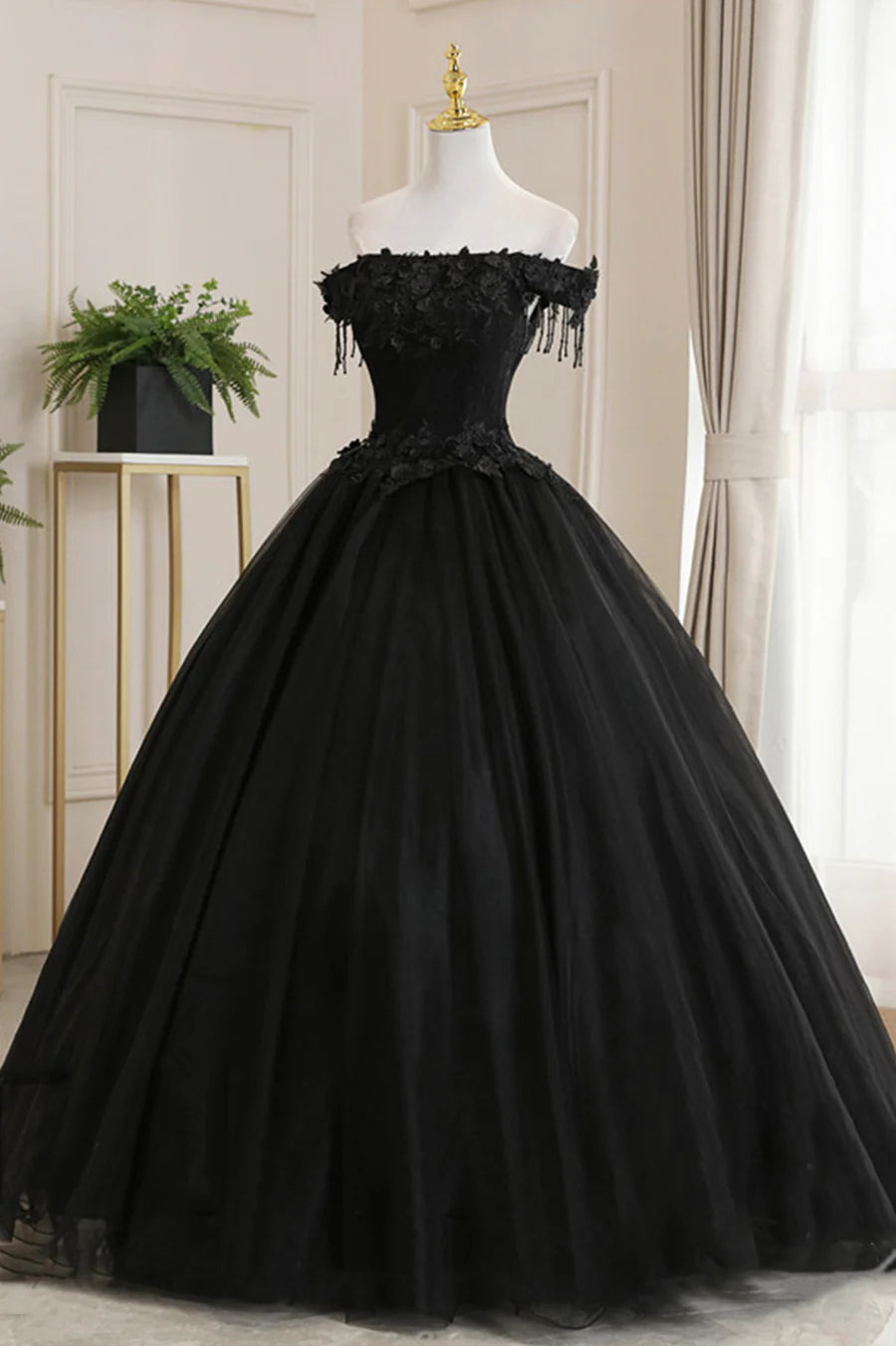 Black Tulle Lace Off the Shoulder Prom Dress, Black A-Line Evening Dress TP568