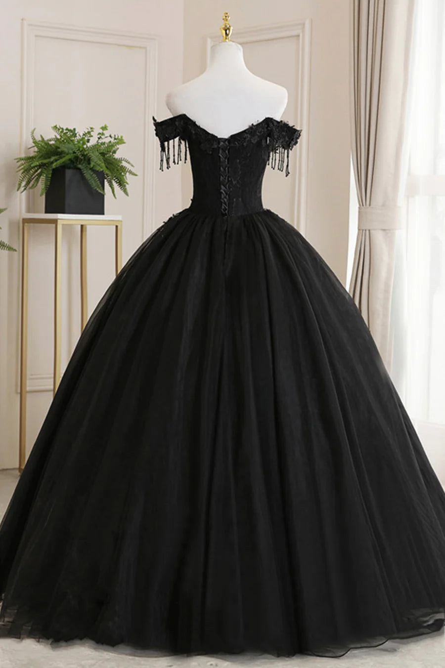 Black Tulle Lace Off the Shoulder Prom Dress, Black A-Line Evening Dress TP568