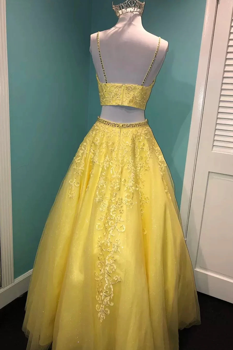 Yellow Lace Two Pieces Prom Dress, A-Line Evening Party Dress TP531