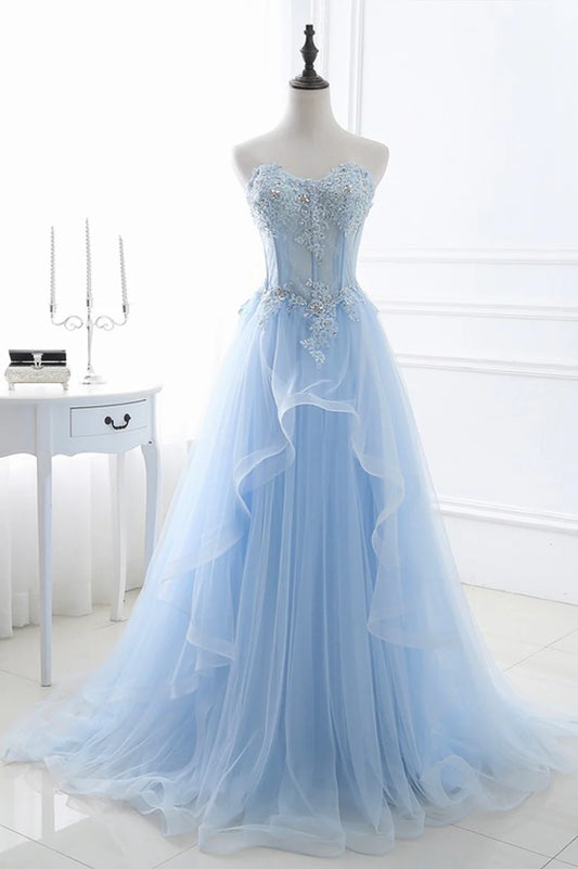 Blue Strapless Tulle Lace Long A-Line Prom Dress, Blue Evening Dress TP579