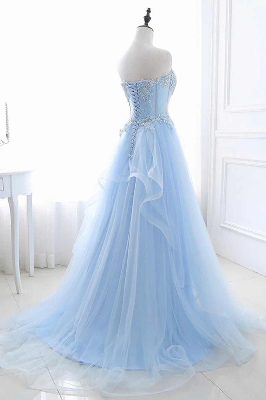 Blue Strapless Tulle Lace Long A-Line Prom Dress, Blue Evening Dress TP579