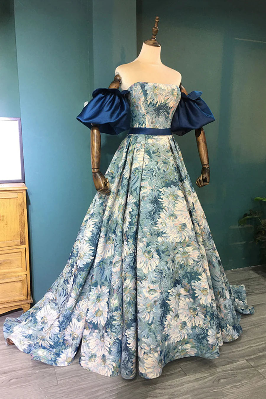 Blue Floral Long Senior Prom Dress, Blue A-Line Evening Dress TP583