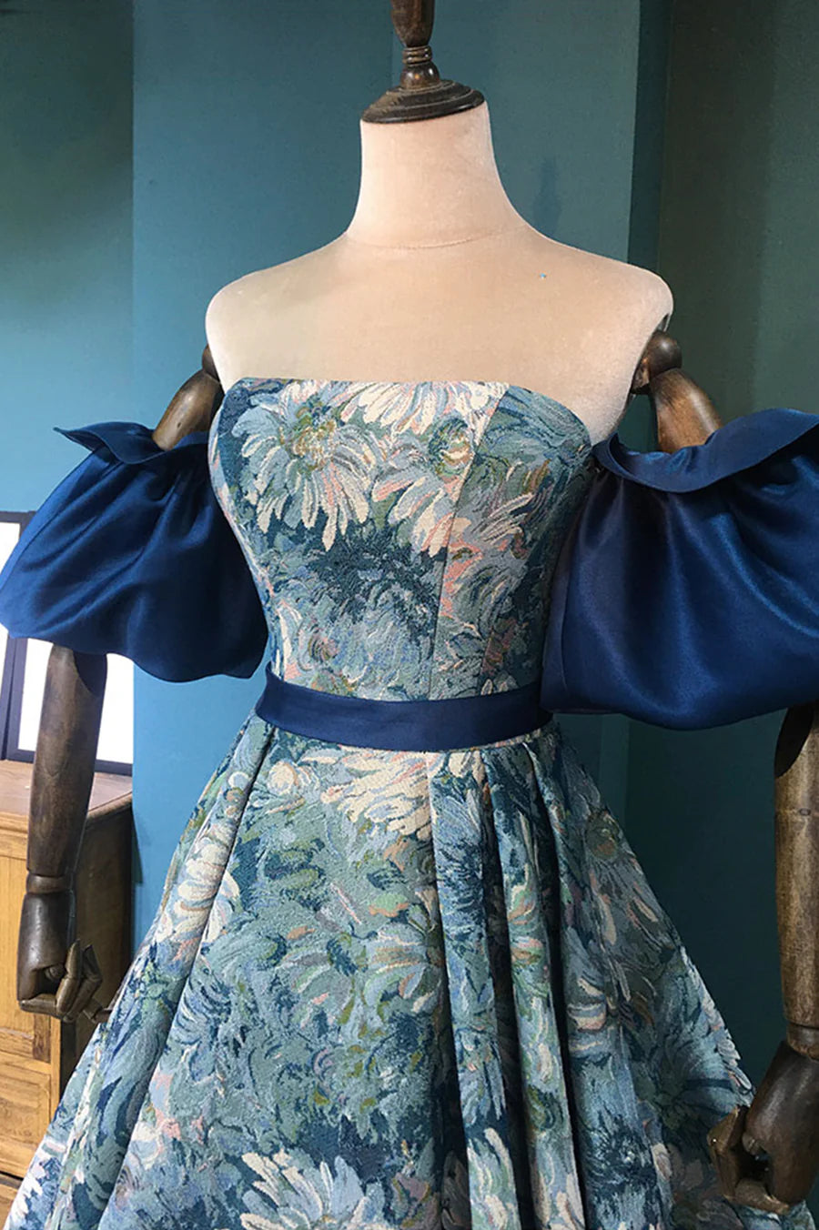 Blue Floral Long Senior Prom Dress, Blue A-Line Evening Dress TP583