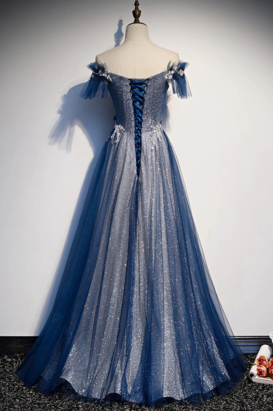 Blue Tulle Sequins Long Prom Dress, A-Line Evening Dress TP589