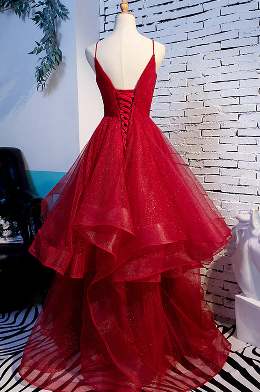 Red V-Neck Tulle Long Prom Dress, A-Line Evening Dress TP593