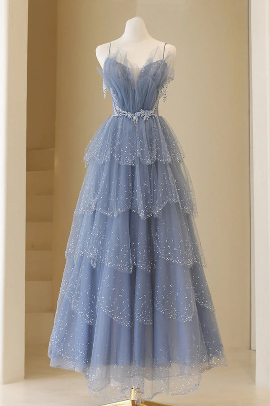 Blue Tulle Layers Straps Beaded Long Prom Dress, Blue A-Line Evening Dress TP594