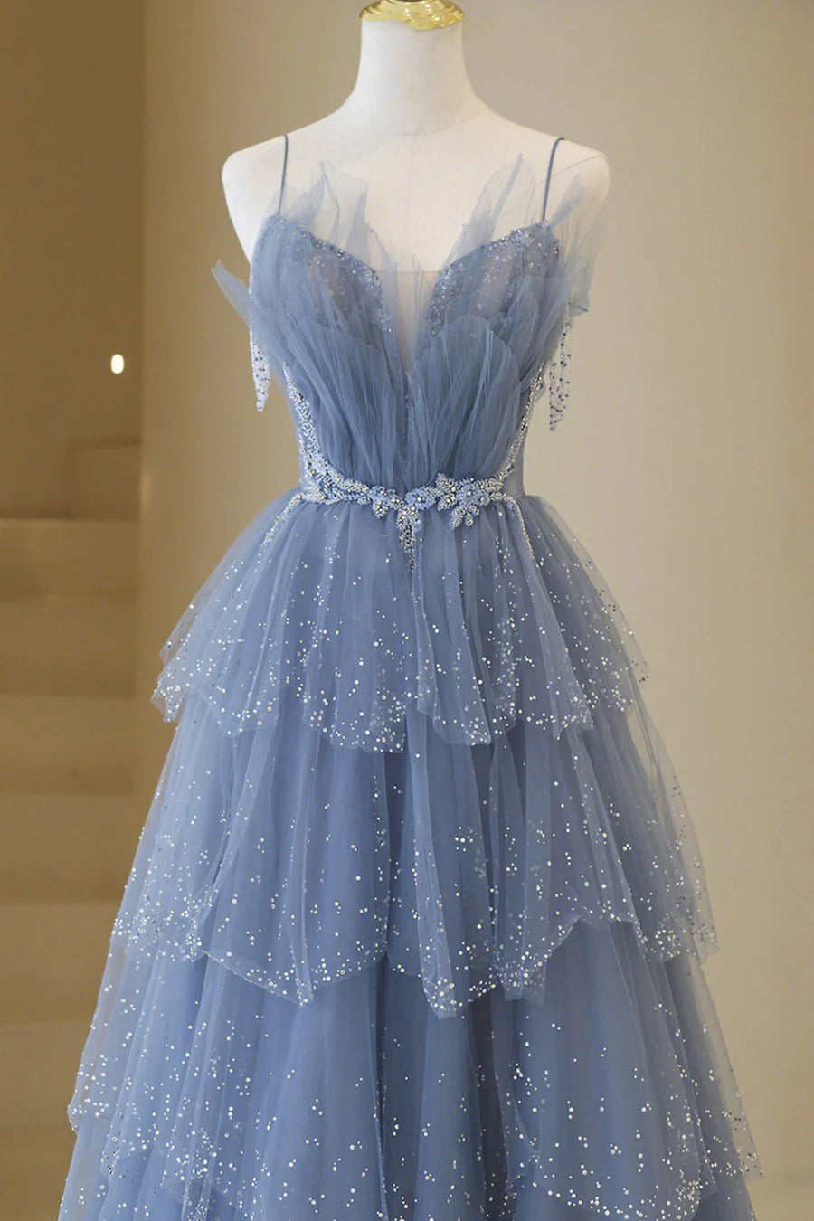 Blue Tulle Layers Straps Beaded Long Prom Dress, Blue A-Line Evening Dress TP594