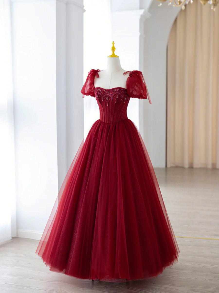 Burgundy Tulle Beaded Long Prom Dress, A-Line Formal Evening Dress TP603