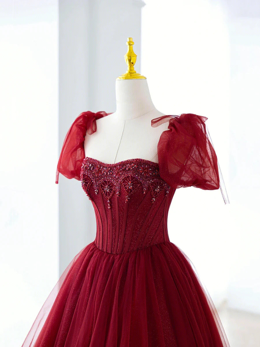 Burgundy Tulle Beaded Long Prom Dress, A-Line Formal Evening Dress TP603
