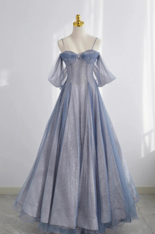 Blue Spaghetti Strap Tulle Long Prom Dress, A-Line Formal Dress TP609