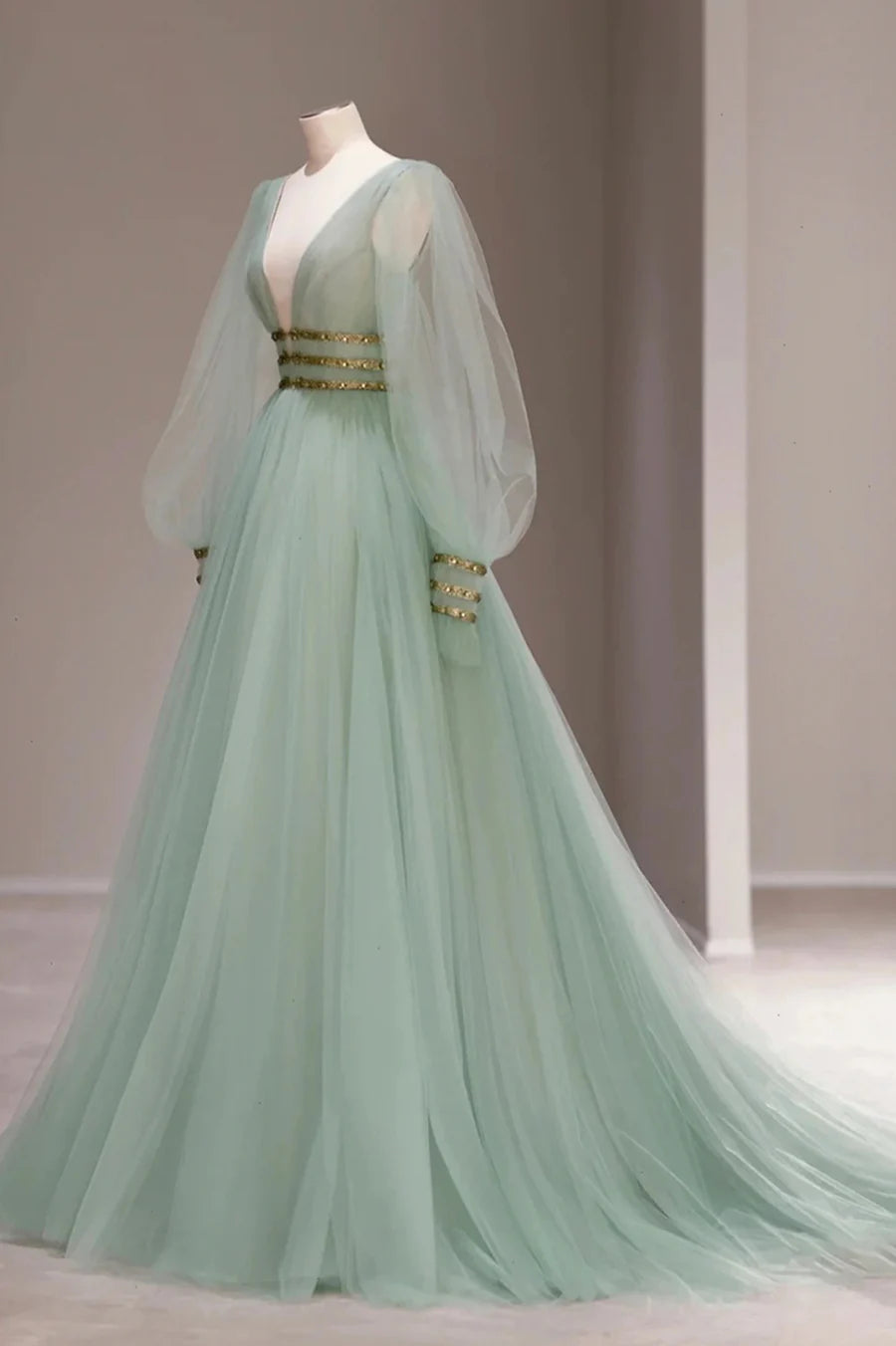 Green V-Neck Tulle Long Prom Dress, Long Sleeve Evening Dress TP610