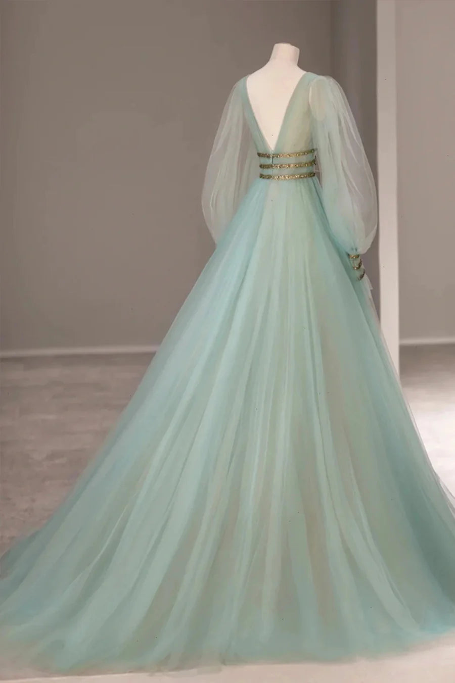 Green V-Neck Tulle Long Prom Dress, Long Sleeve Evening Dress TP610