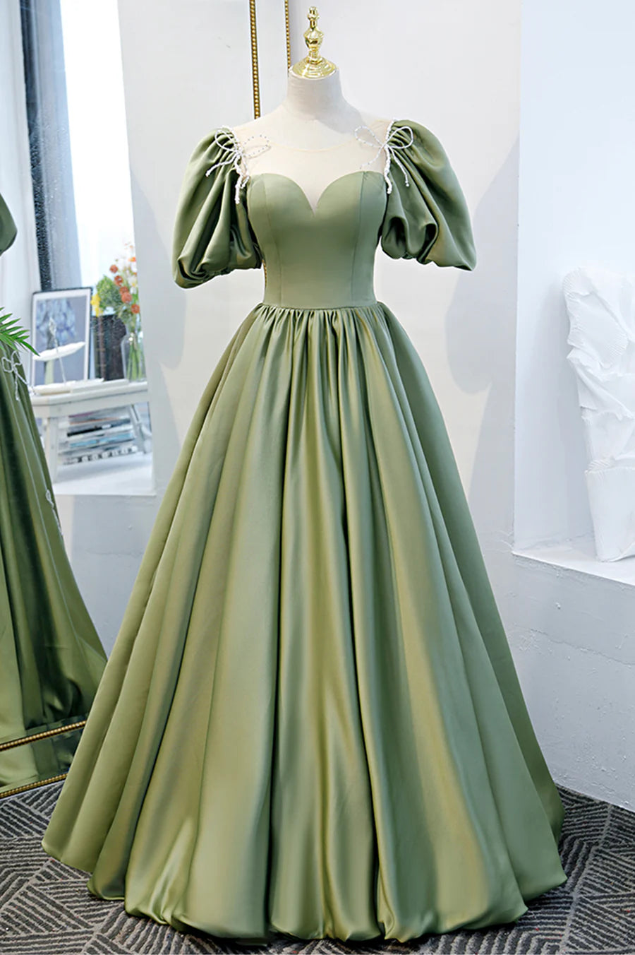 Green Satin A-Line Long Formal Dress, Green Junior Prom Dress TP613