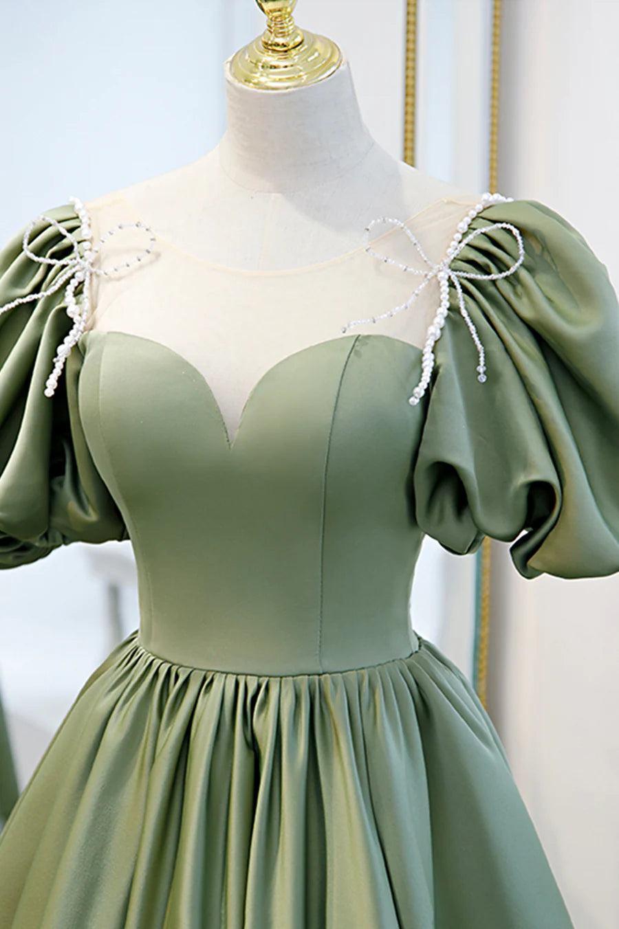 Green Satin A-Line Long Formal Dress, Green Junior Prom Dress TP613