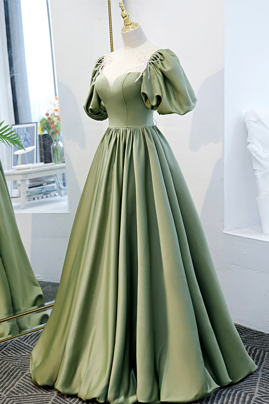 Green Satin A-Line Long Formal Dress, Green Junior Prom Dress TP613