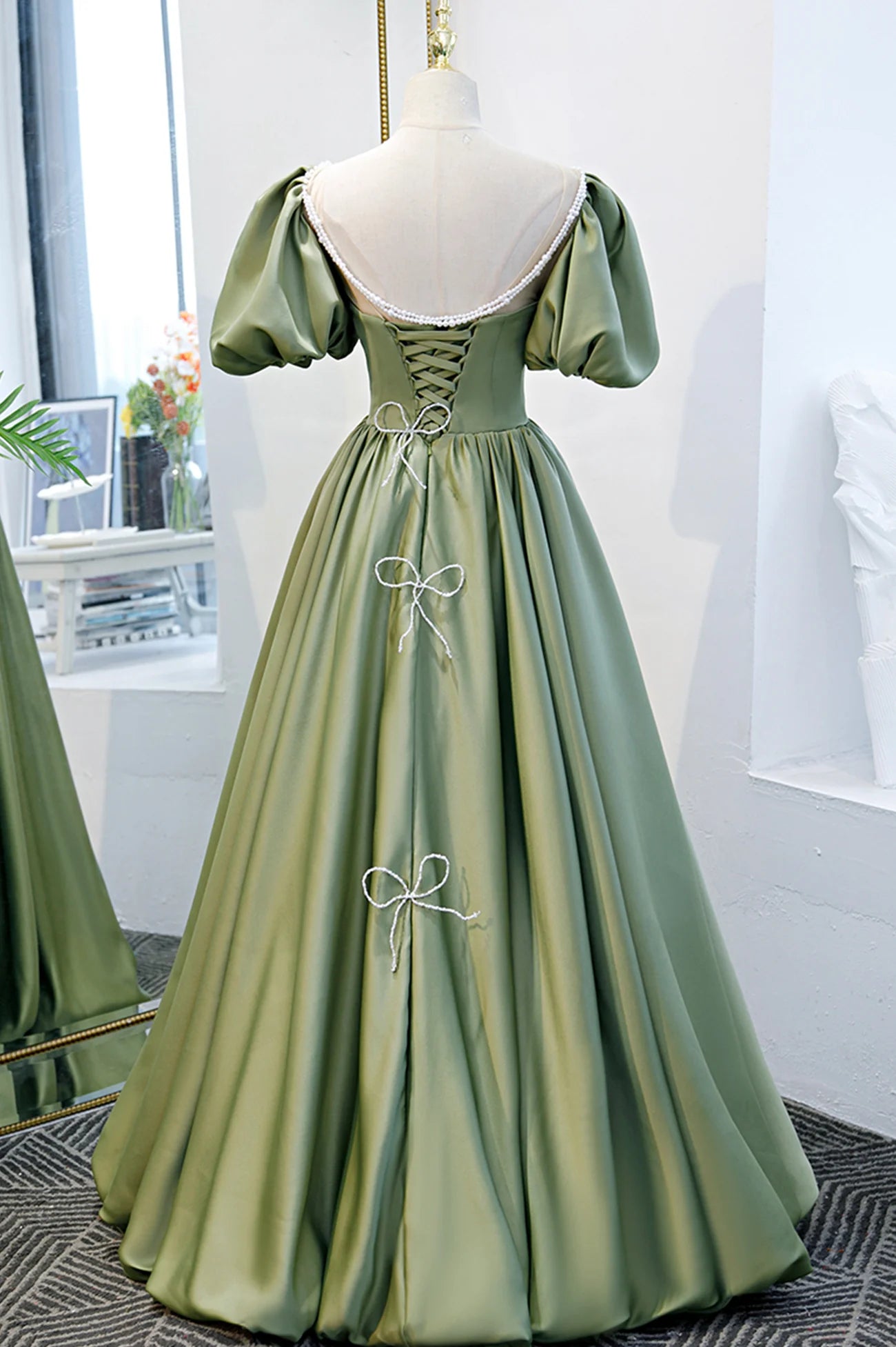 Green Satin A-Line Long Formal Dress, Green Junior Prom Dress TP613
