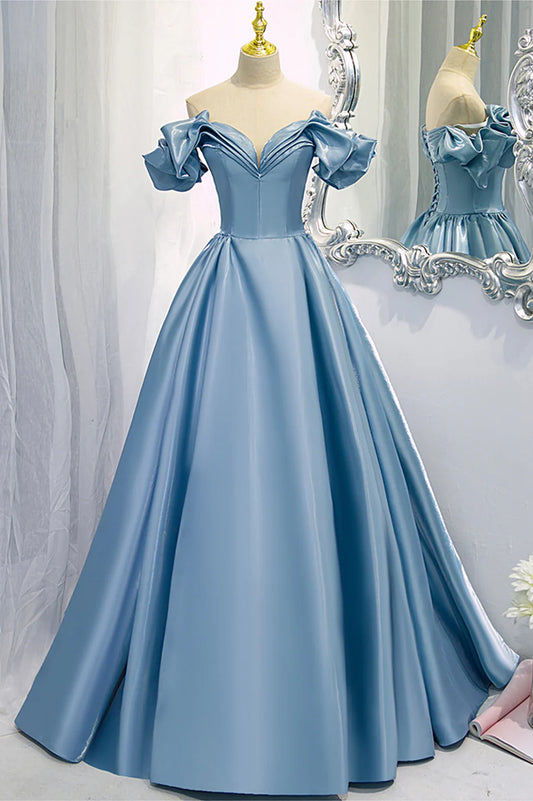 Blue V-Neck Satin Long Prom Dress, Off the Shoulder Evening Dress TP614