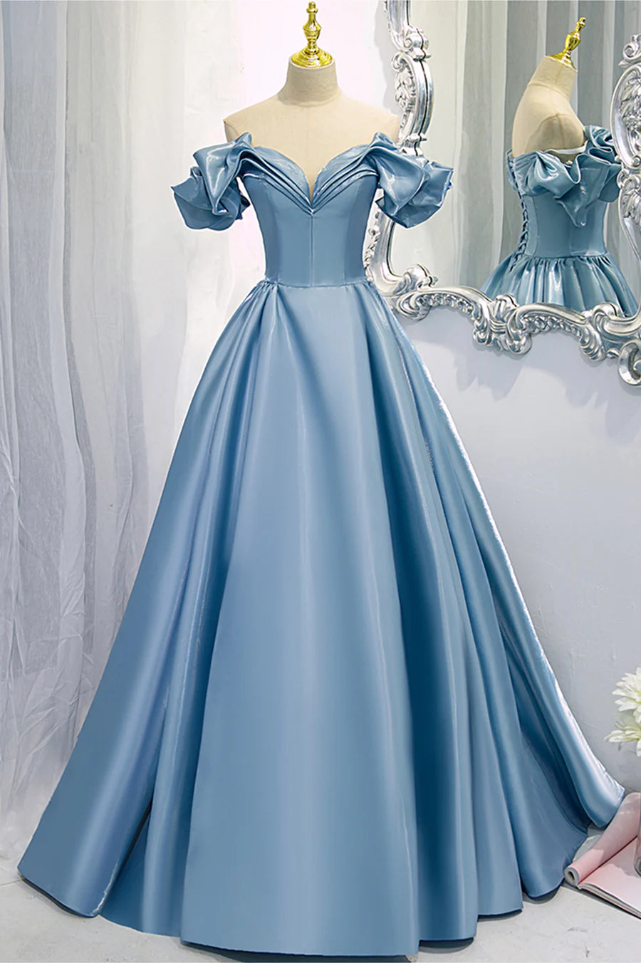 Blue V-Neck Satin Long Prom Dress, Off the Shoulder Evening Dress TP614
