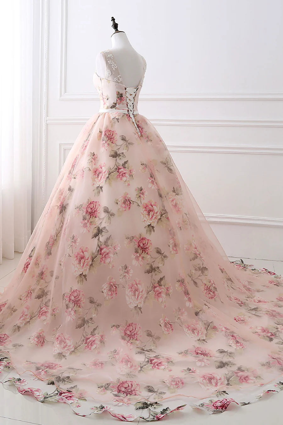 Pink Floral Pattern Lace Long Prom Dress, A-Line Formal Dress TP615