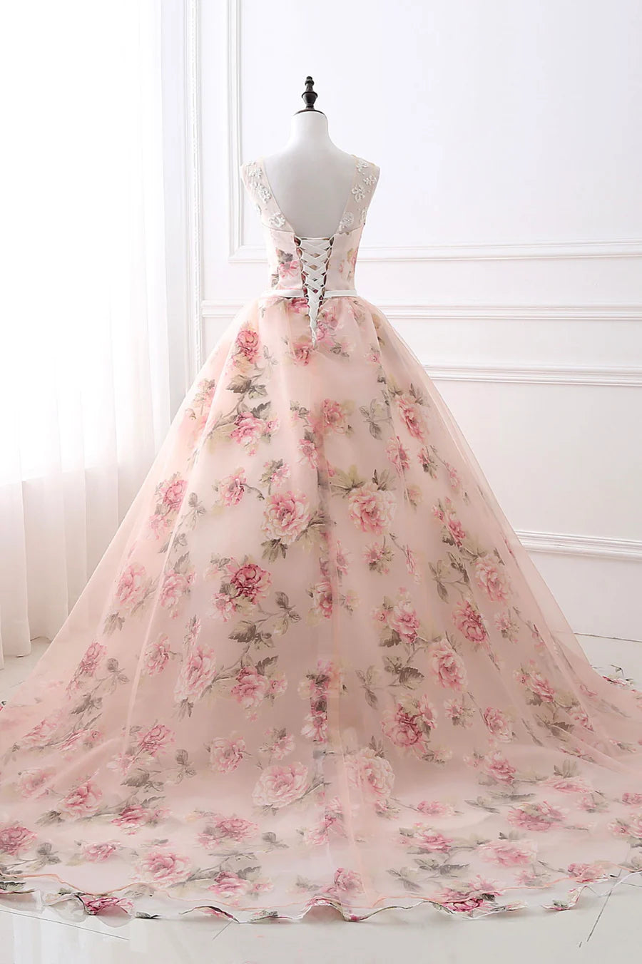 Pink Floral Pattern Lace Long Prom Dress, A-Line Formal Dress TP615