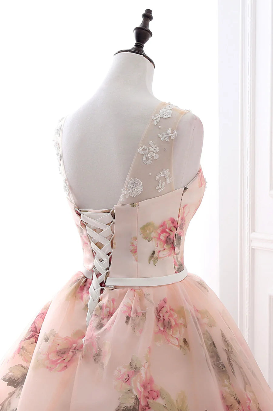 Pink Floral Pattern Lace Long Prom Dress, A-Line Formal Dress TP615
