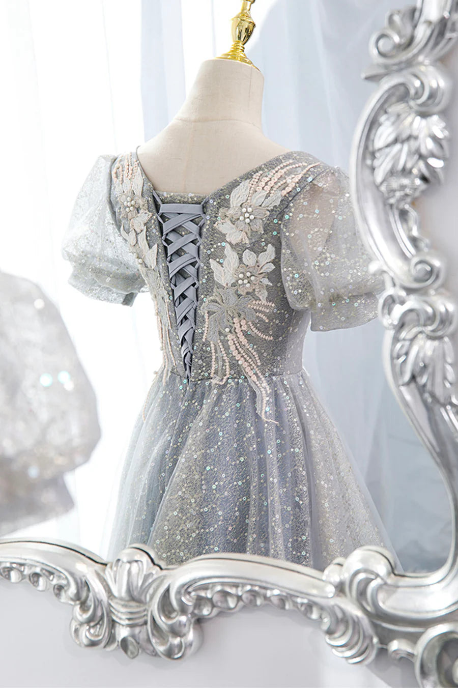 Gray Tulle Lace Long Party Dress, A-Line Evening Dress TP622