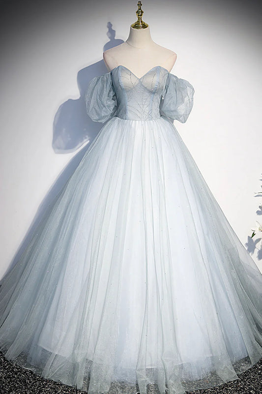 Blue Tulle Long A-Line Prom Dress, Blue Off the Shoulder Evening Dress TP624