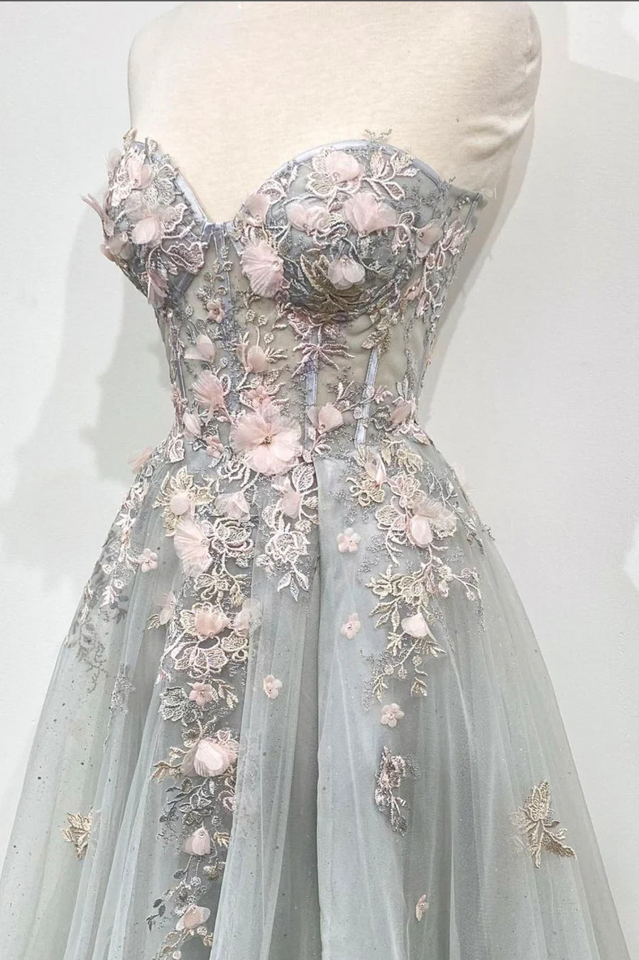 Gray Strapless Lace Long A Line Prom Gown, Graduation Dress TP627