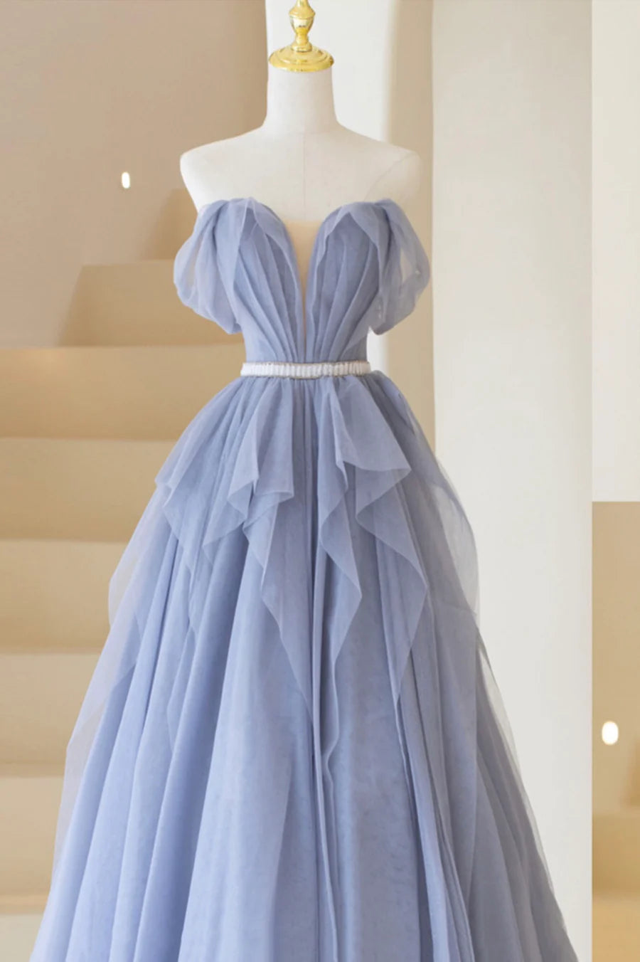 Blue Off Shoulder Tulle Long Formal Dress, A-Line Blue Evening Dress TP628