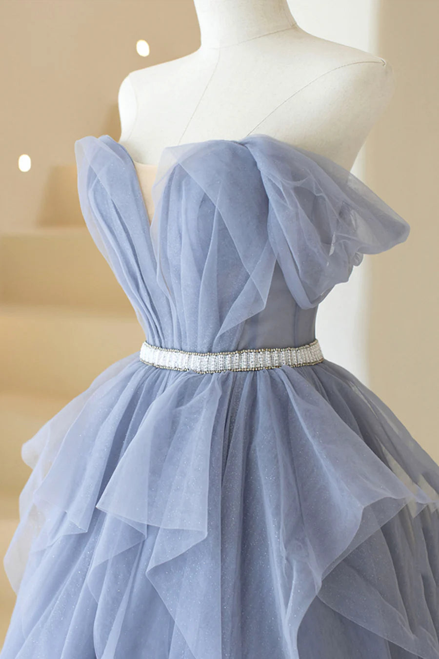 Blue Off Shoulder Tulle Long Formal Dress, A-Line Blue Evening Dress TP628