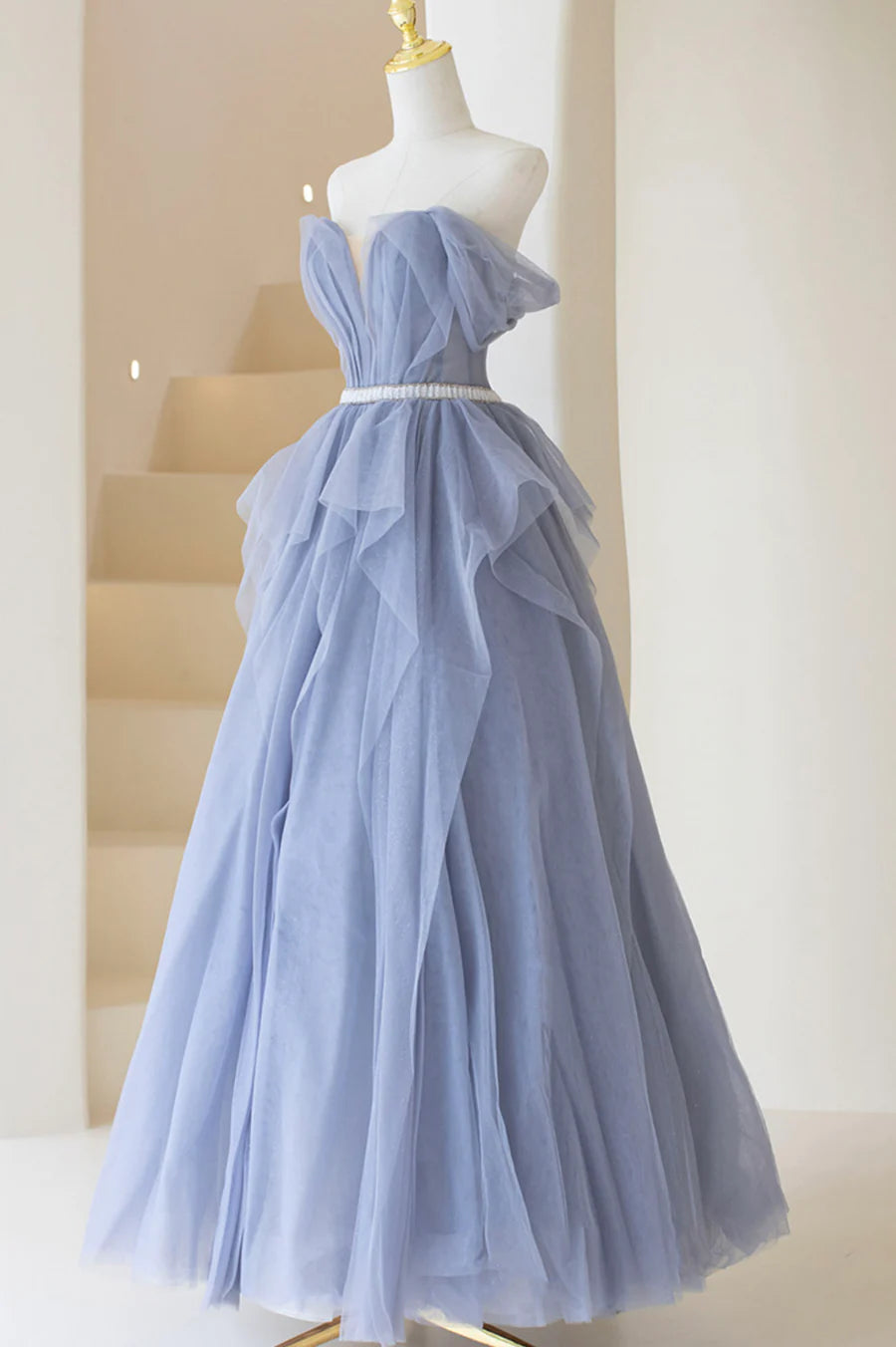 Blue Off Shoulder Tulle Long Formal Dress, A-Line Blue Evening Dress TP628