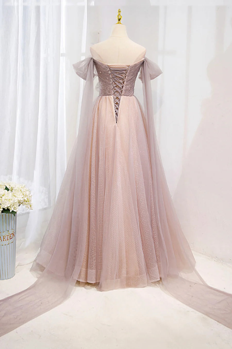 Pink Tulle Beaded Long Prom Dress, Off the Shoulder Evening Dress TP629