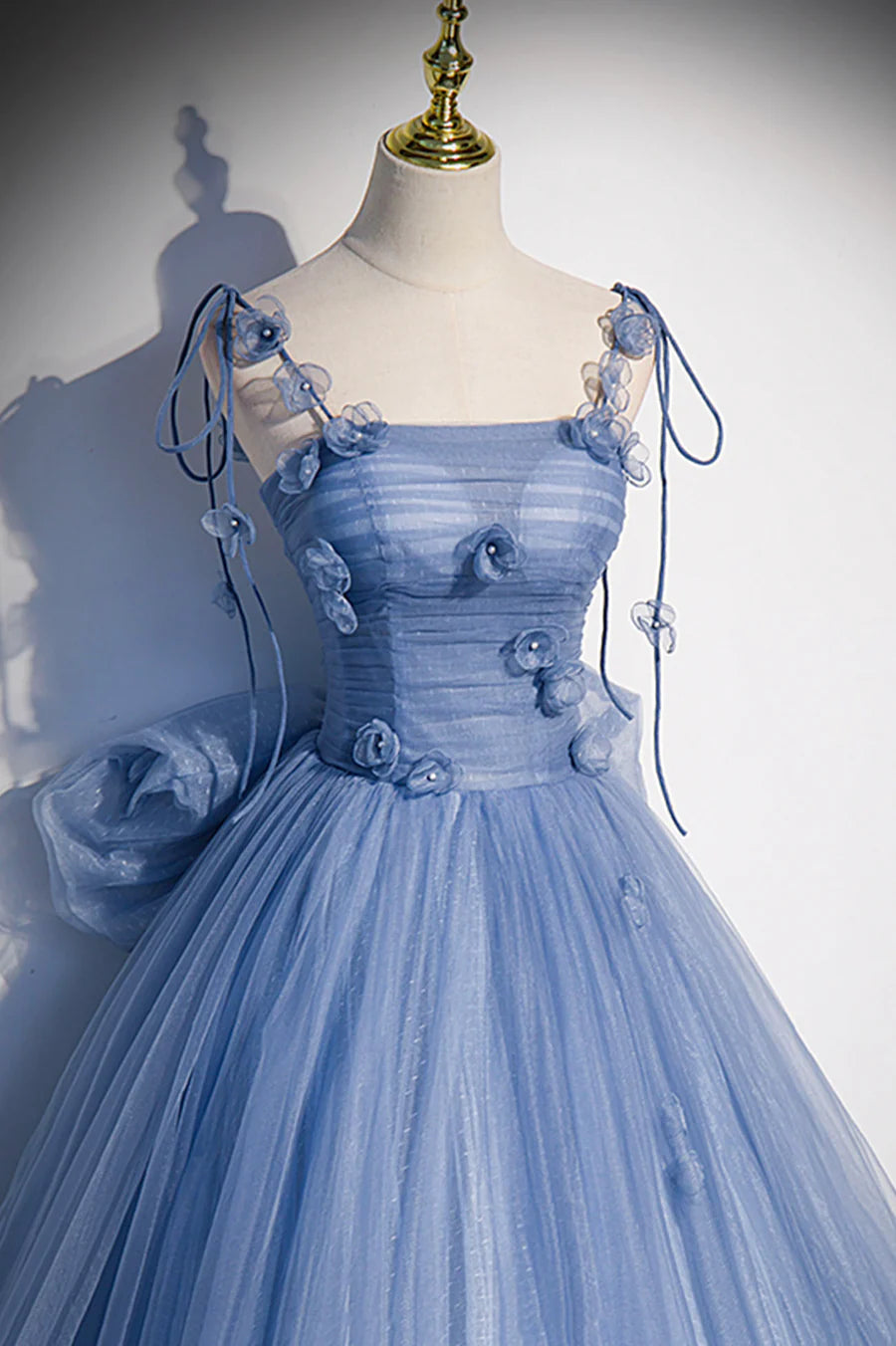 Blue Spaghetti Strap Tulle Long Dress, Blue Evening Dress with Bow TP633