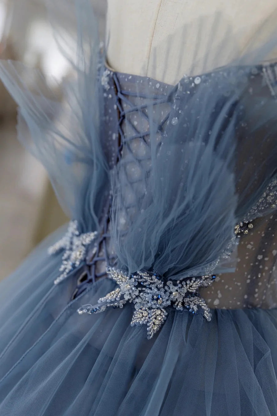 Blue Tulle Layers Straps Beaded Long Prom Dresses, A-Line Evening Dresses TP638