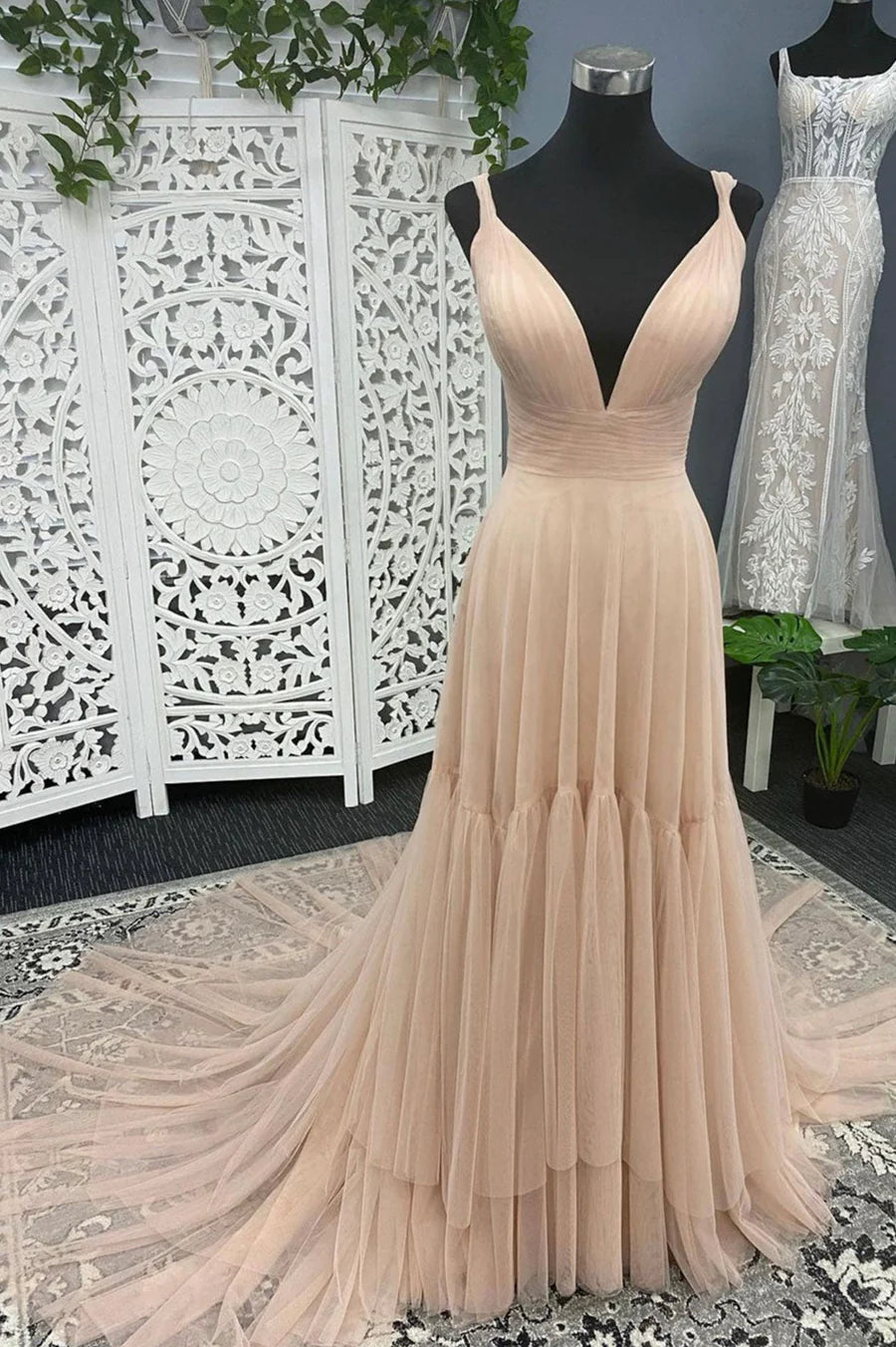 A-Line Tulle Long Prom Dresses, V-Neck Evening Dresses TP651