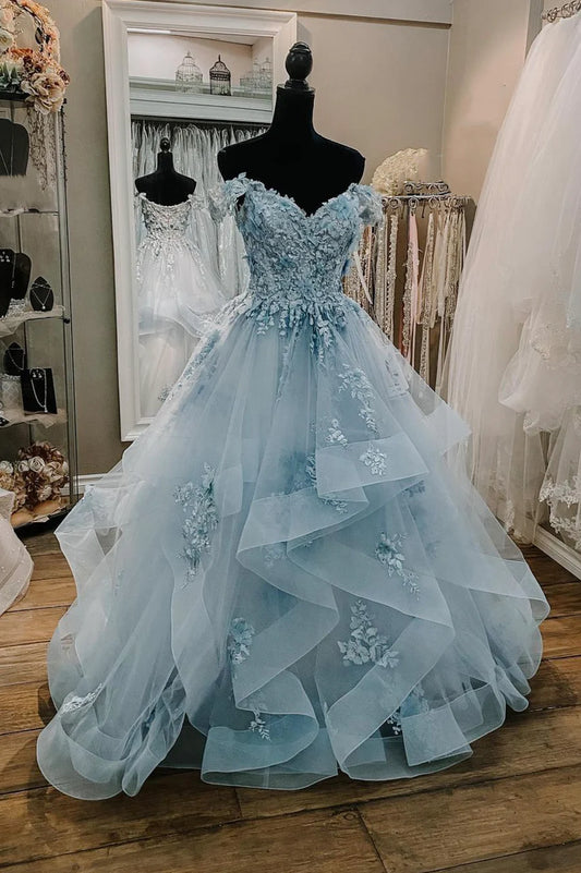 Blue Tulle Lace Long Prom Dresses, Off the Shoulder Evening Dresses TP656