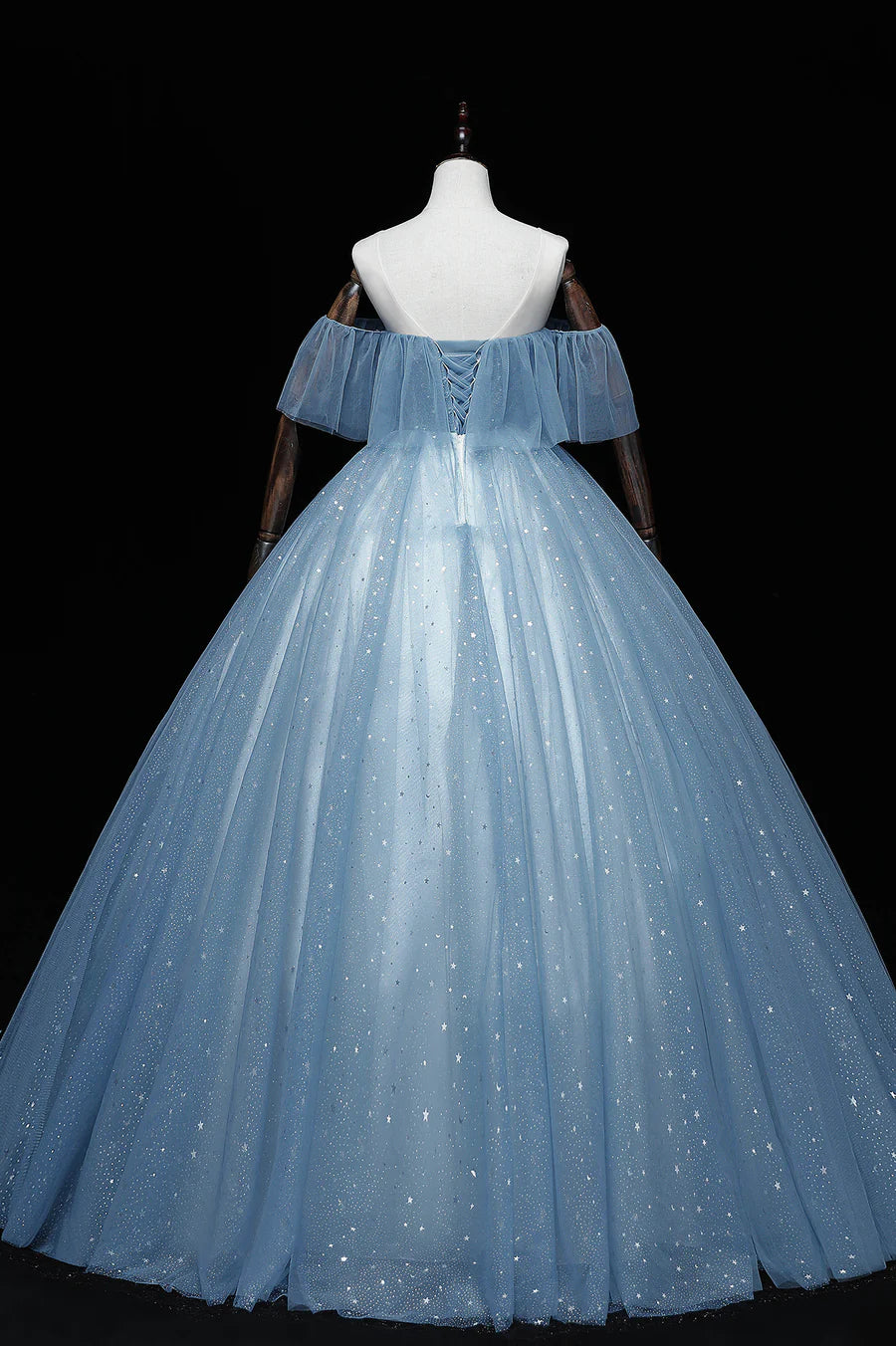 Blue Tulle Lace Long Prom Dresses, A-Line Off the Shoulder Evening Dresses TP662