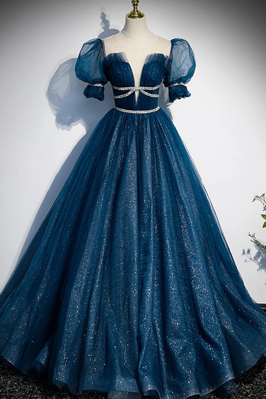 Blue Tulle Beading Long Prom Dresses, A-Line Evening Dresses TP666