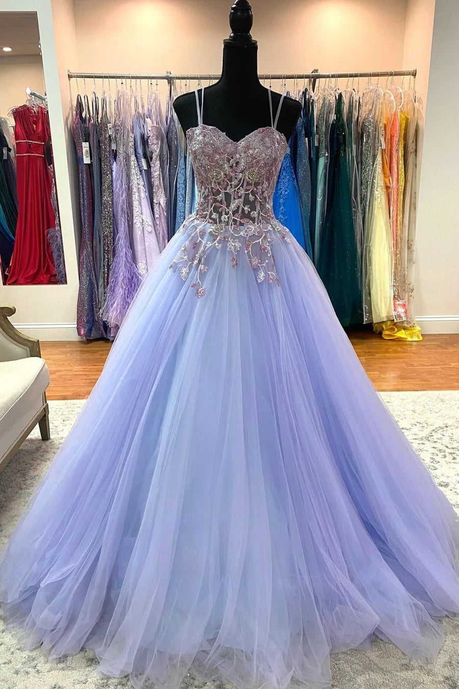 Purple Tulle Lace Long Prom Dresses, A-Line Spaghetti Straps Graduation Dresses TP668