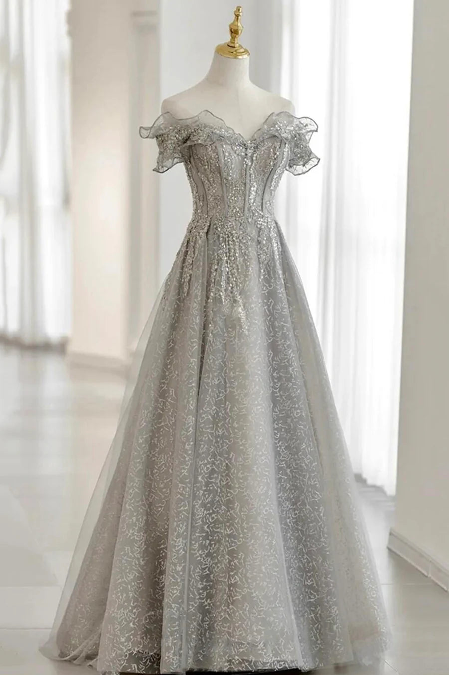 Grey Tulle Sequins Long A-Line Prom Dresses, Off the Shoulder Evening Dresses TP683