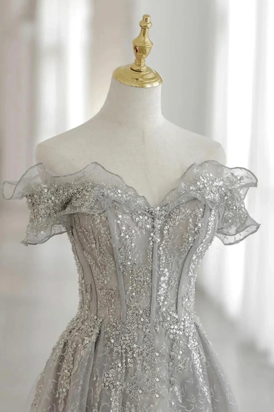 Grey Tulle Sequins Long A-Line Prom Dresses, Off the Shoulder Evening Dresses TP683