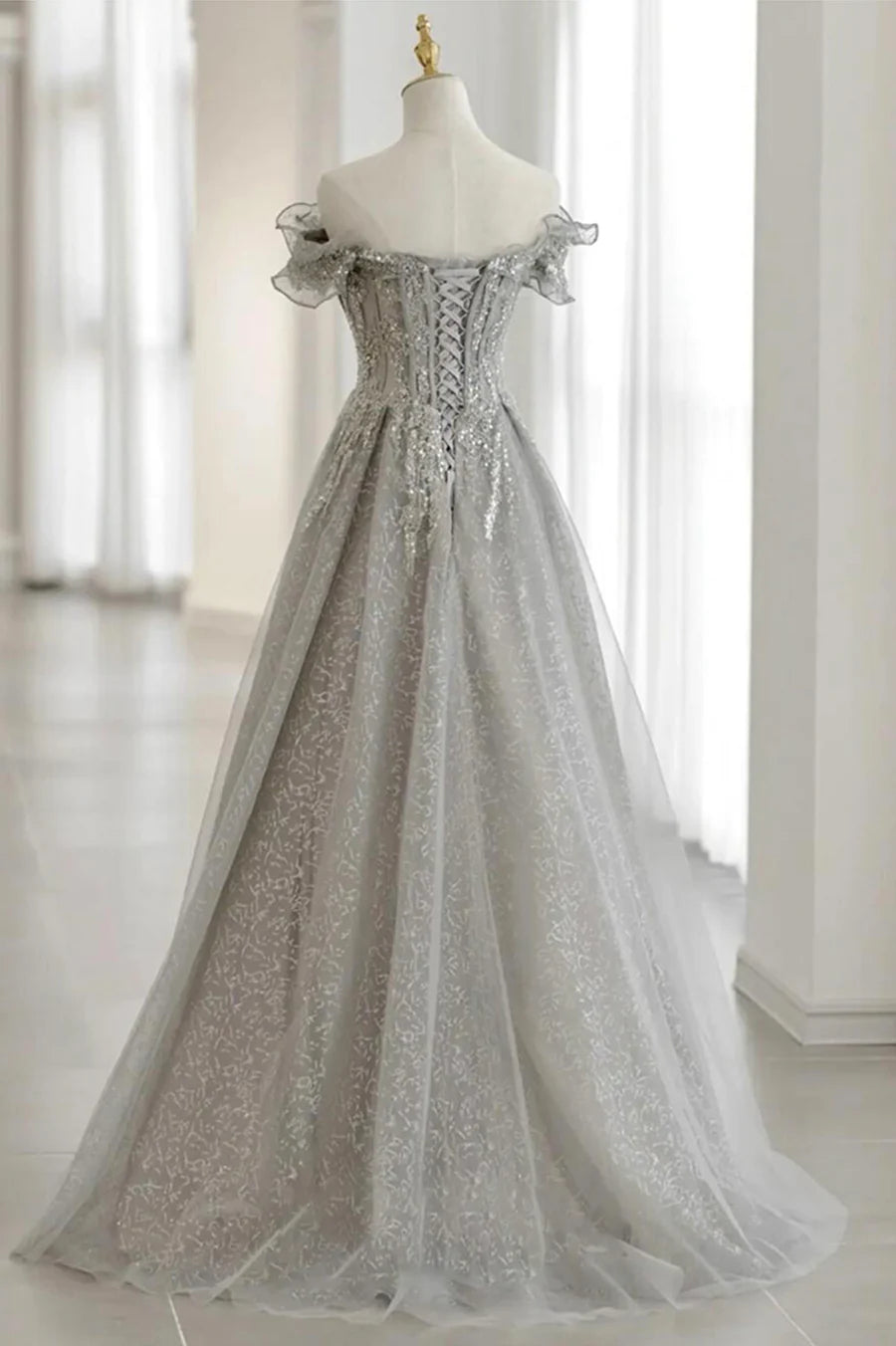 Grey Tulle Sequins Long A-Line Prom Dresses, Off the Shoulder Evening Dresses TP683