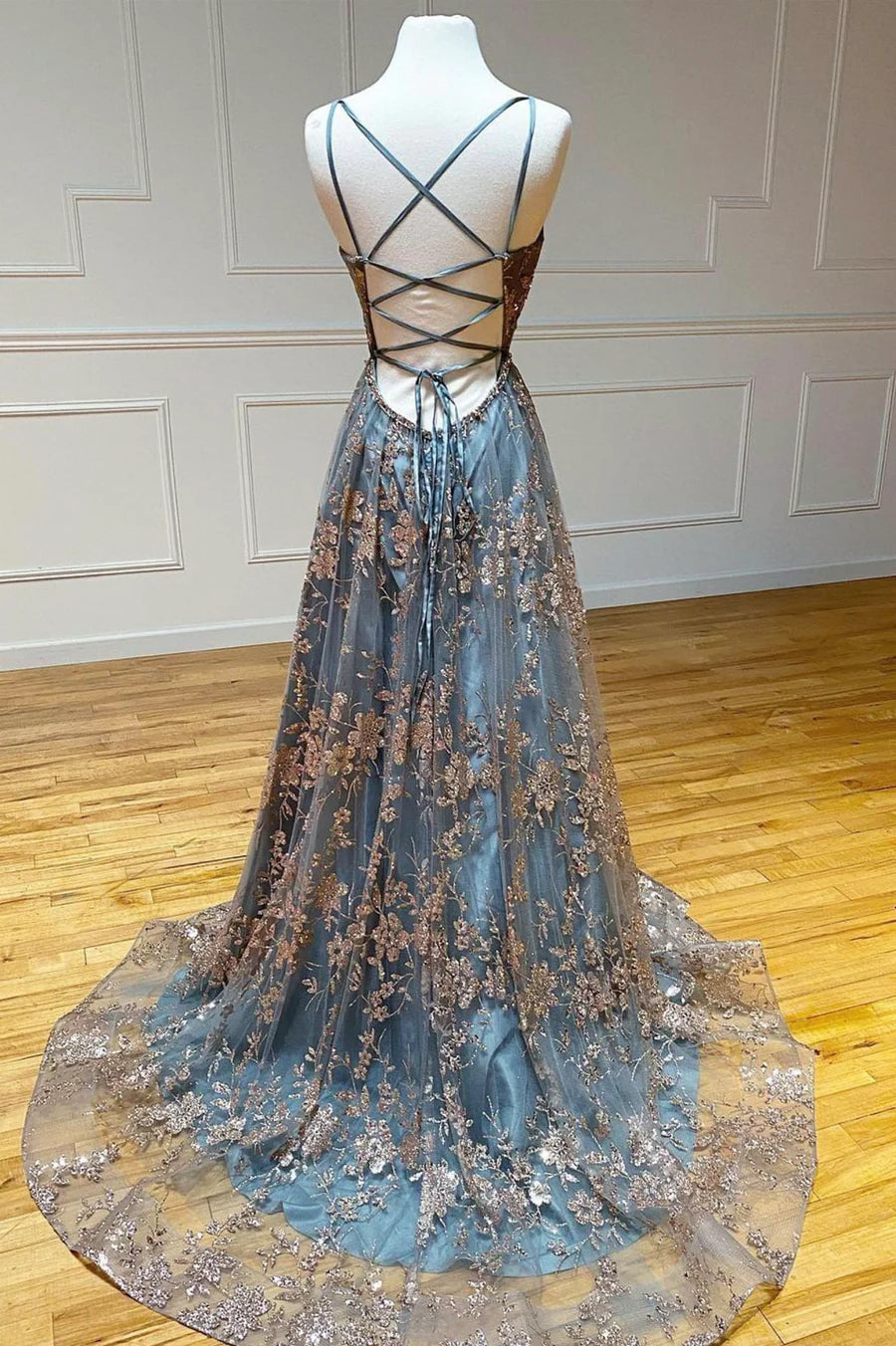 Grey Tulle Sequins Long Prom Dresses, A-Line Spaghetti Straps Evening Dresses TP685