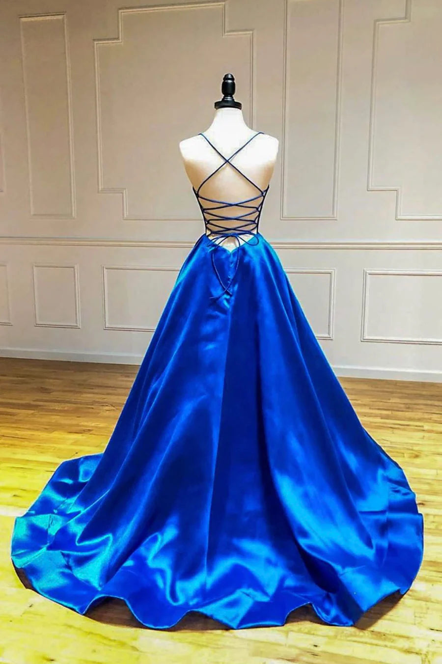 Blue V-Neck Satin Long Prom Dresses, A-Line Backless Evening Dresses TP687